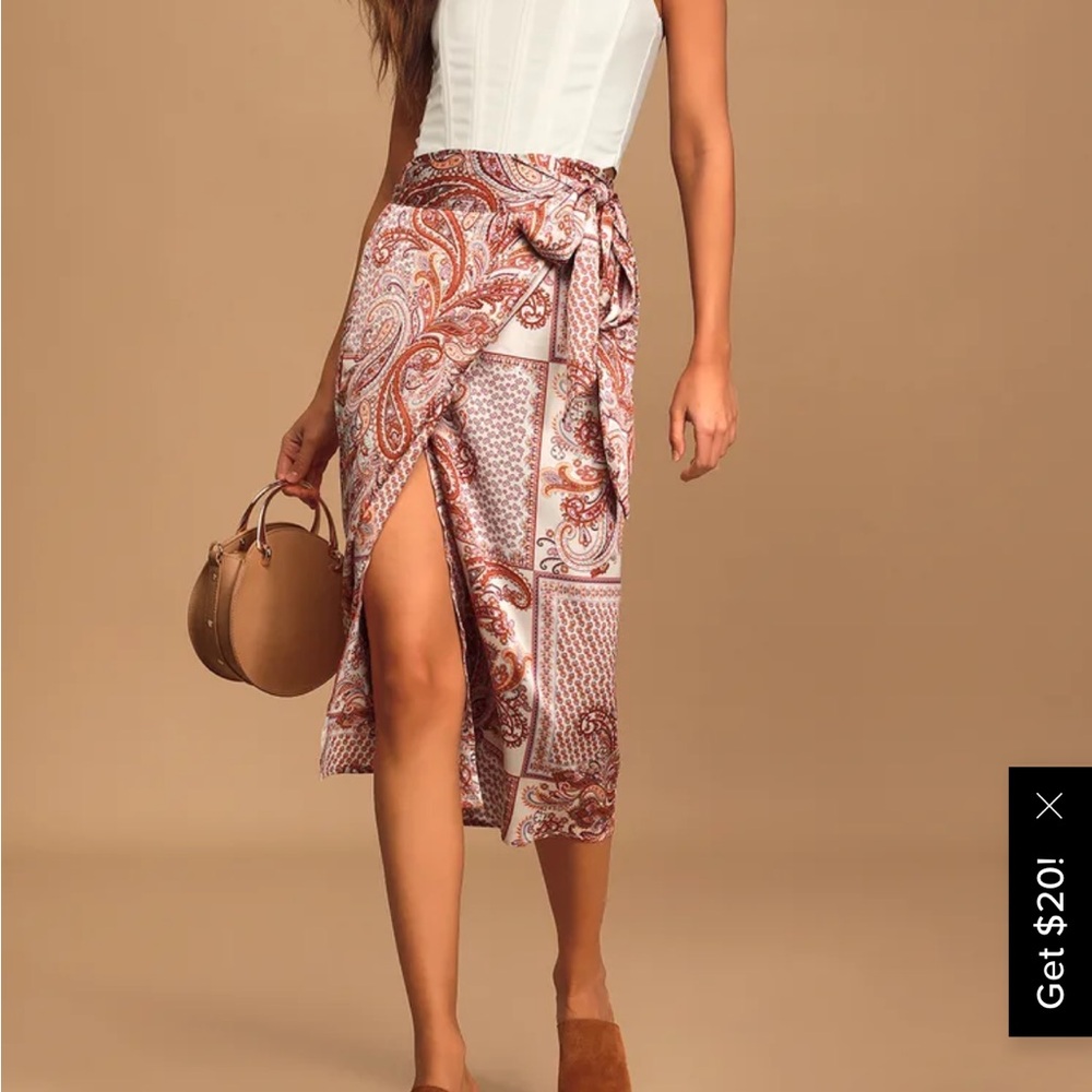 Take a walk with me ivory Paisley print satin wrap midi skirt